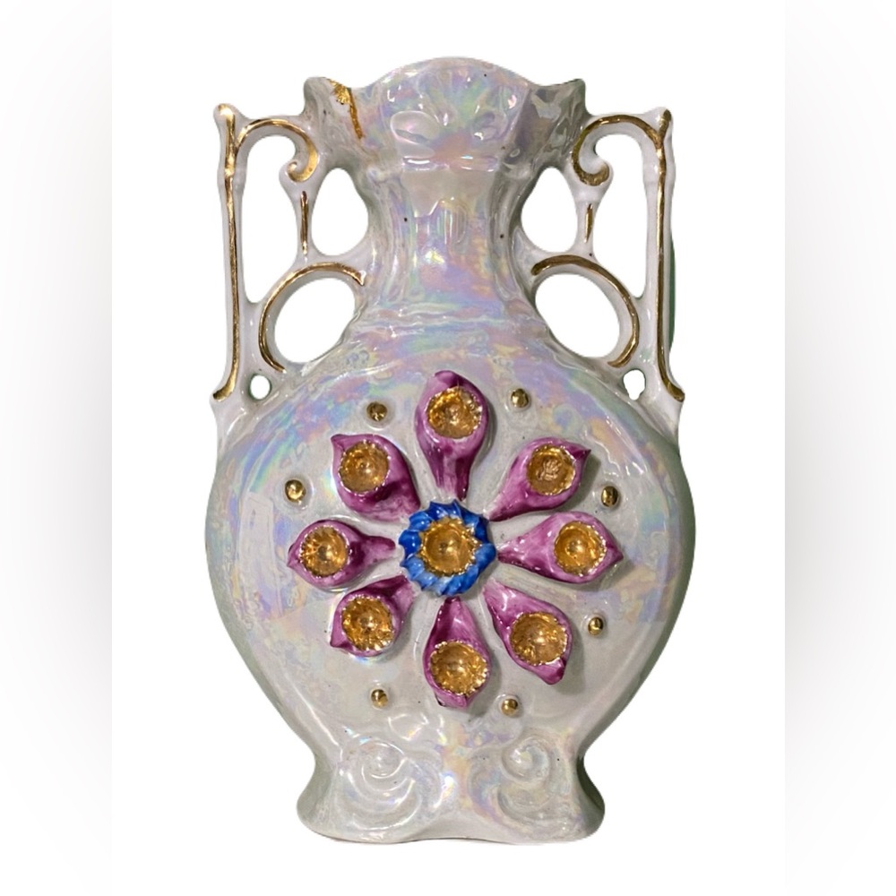 Vintage One of a Kind Iridescent Ceramic Vase Stunning Floral Unique Whimsical